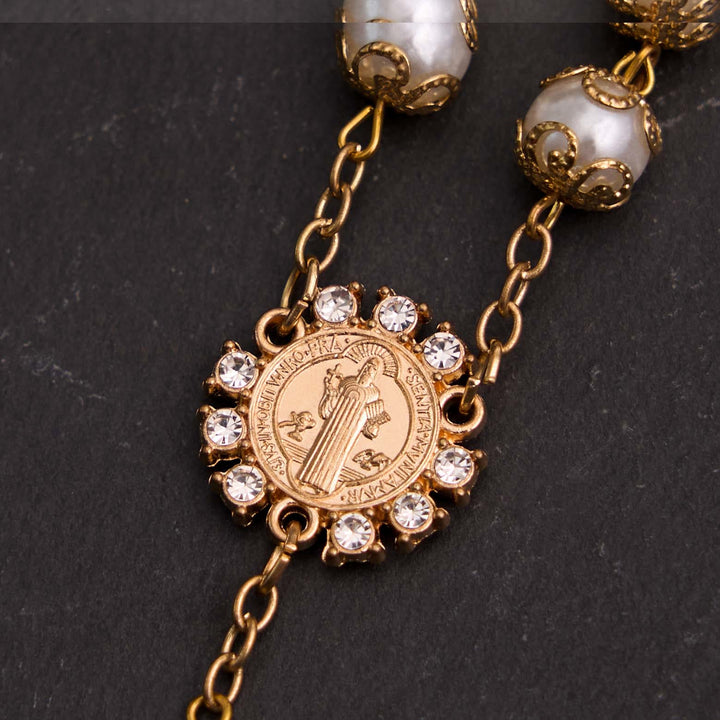Christian Glass Beads St. Benedict &amp; Jesus Cross Bracelet Rosary