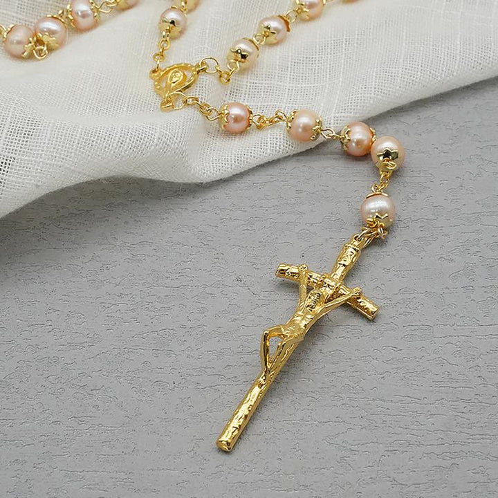Virgin Mary &amp; Crucifix, Round Champagne Pearl Alloy Chain Rosary