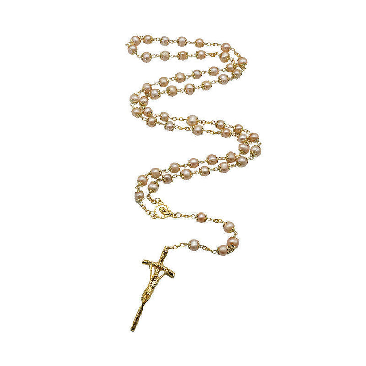 Virgin Mary &amp; Crucifix, Round Champagne Pearl Alloy Chain Rosary