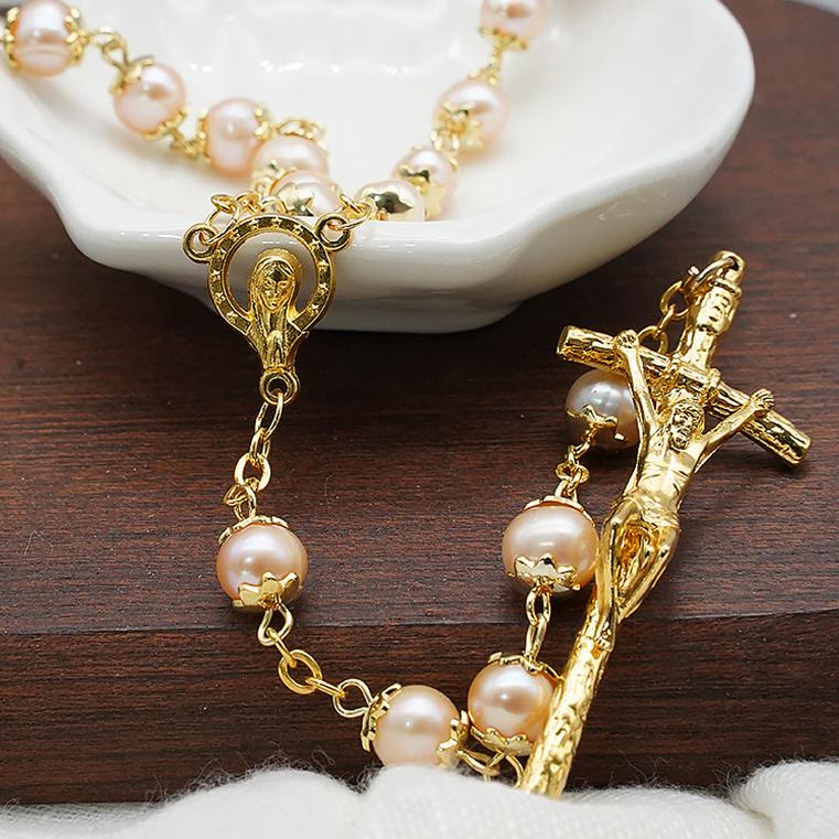 Virgin Mary &amp; Crucifix, Round Champagne Pearl Alloy Chain Rosary