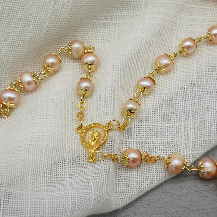 Virgin Mary &amp; Crucifix, Round Champagne Pearl Alloy Chain Rosary