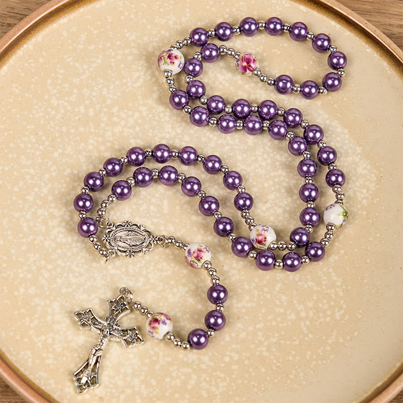 Miraculous Medal &amp; Crucifix, Round Multicolor Pearl/Ceramics Rosary