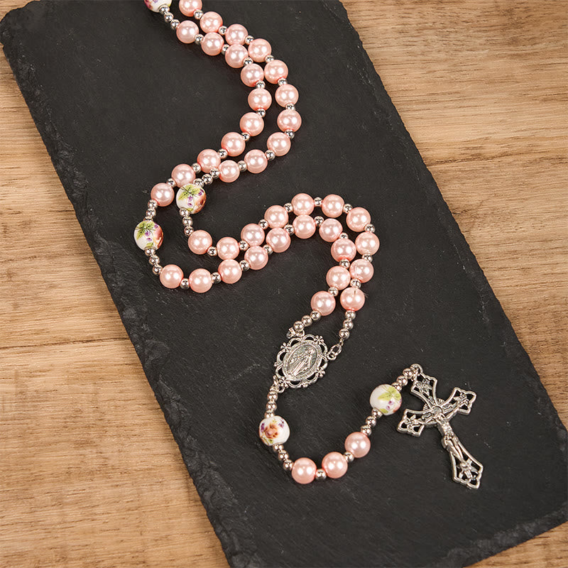 Miraculous Medal &amp; Crucifix, Round Multicolor Pearl/Ceramics Rosary