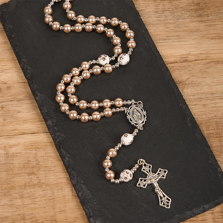 Miraculous Medal &amp; Crucifix, Round Multicolor Pearl/Ceramics Rosary