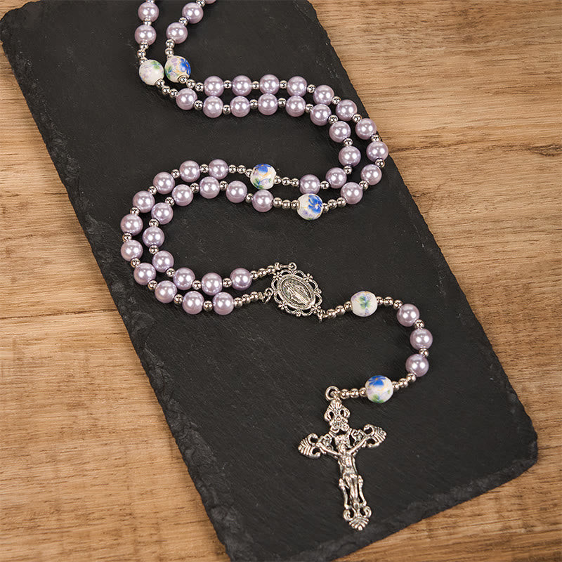 Miraculous Medal &amp; Crucifix, Round Multicolor Pearl/Ceramics Rosary