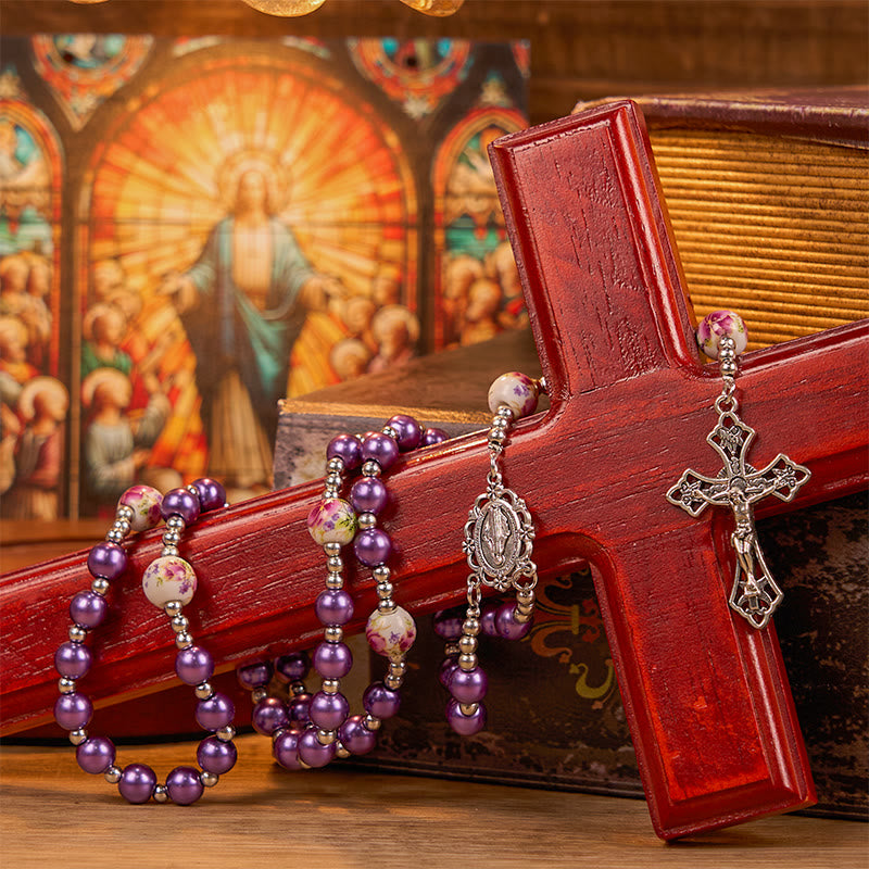 Miraculous Medal &amp; Crucifix, Round Multicolor Pearl/Ceramics Rosary
