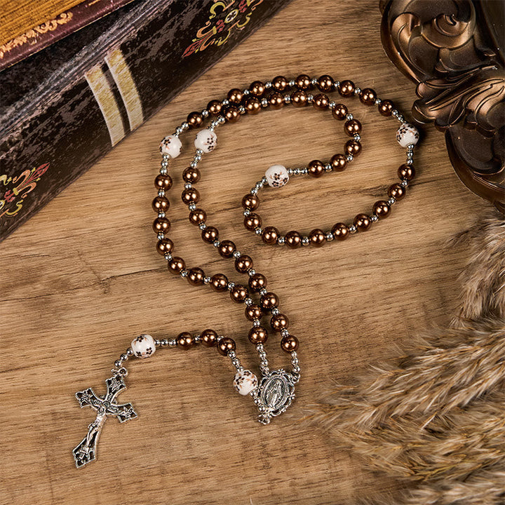 Miraculous Medal &amp; Crucifix, Round Multicolor Pearl/Ceramics Rosary