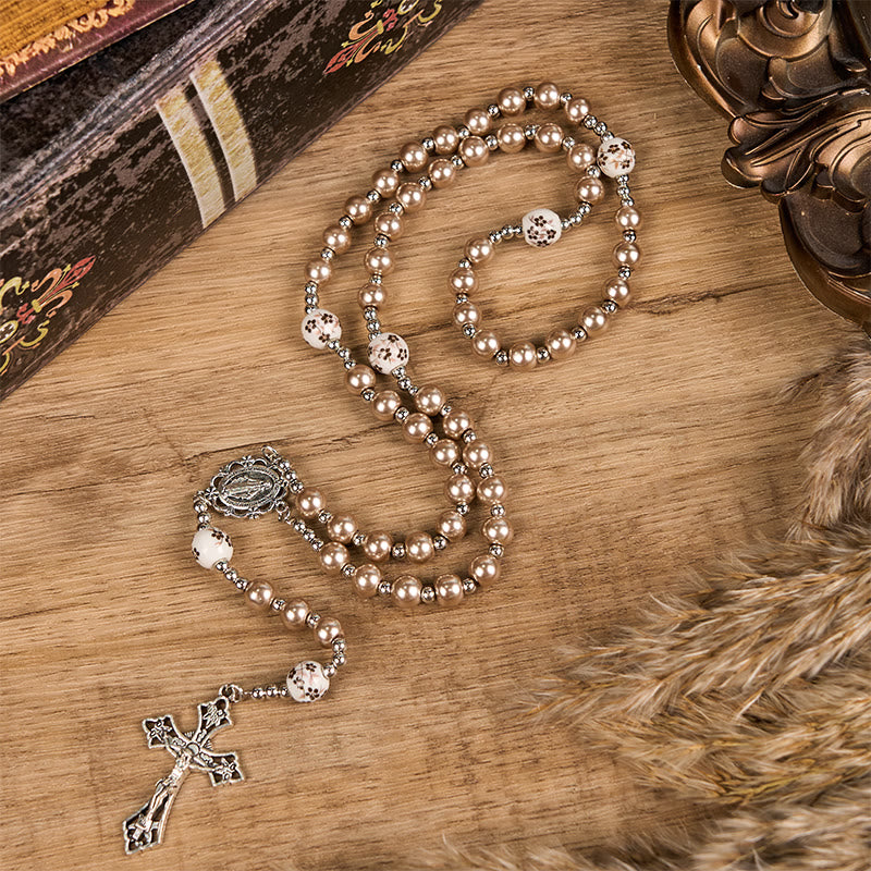 Miraculous Medal &amp; Crucifix, Round Multicolor Pearl/Ceramics Rosary