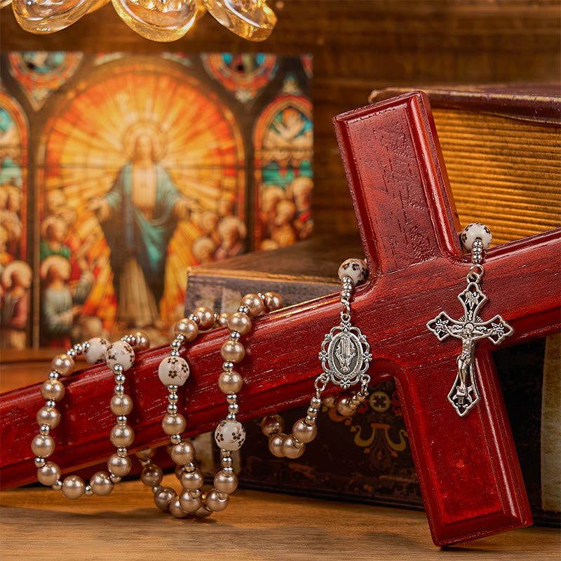 Miraculous Medal &amp; Crucifix, Round Multicolor Pearl/Ceramics Rosary