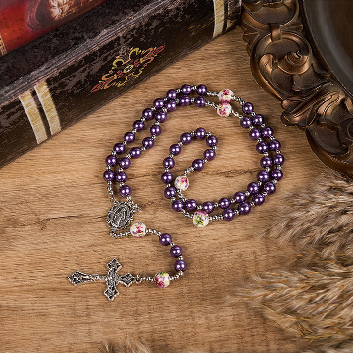 Miraculous Medal &amp; Crucifix, Round Multicolor Pearl/Ceramics Rosary