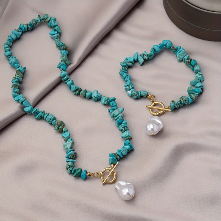 Turquoise &amp; Pearl Necklace Bracelet Set