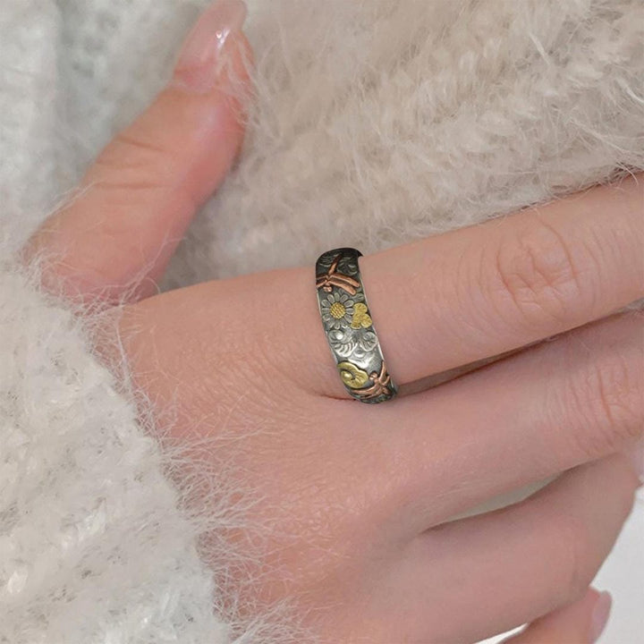 Vintage Sunflower Dragonfly Ring