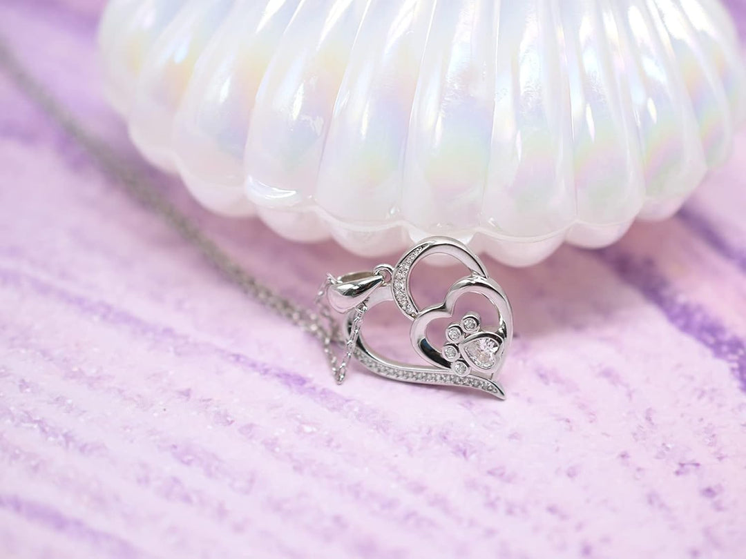 Sterling Silver Paw &amp; Heart Necklace with Zirconia