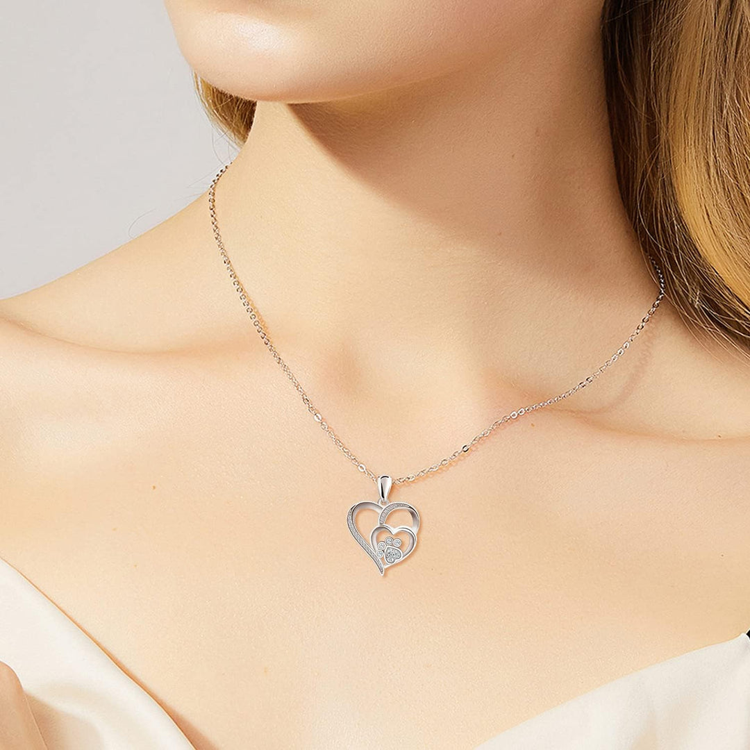 Sterling Silver Paw &amp; Heart Necklace with Zirconia