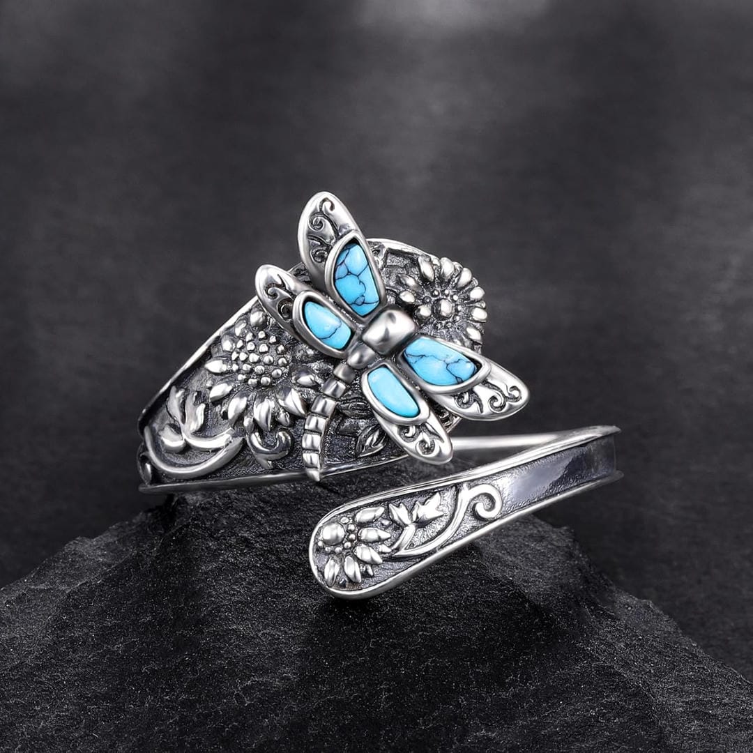 Adjustable Silver Turquoise Dragonfly Ring