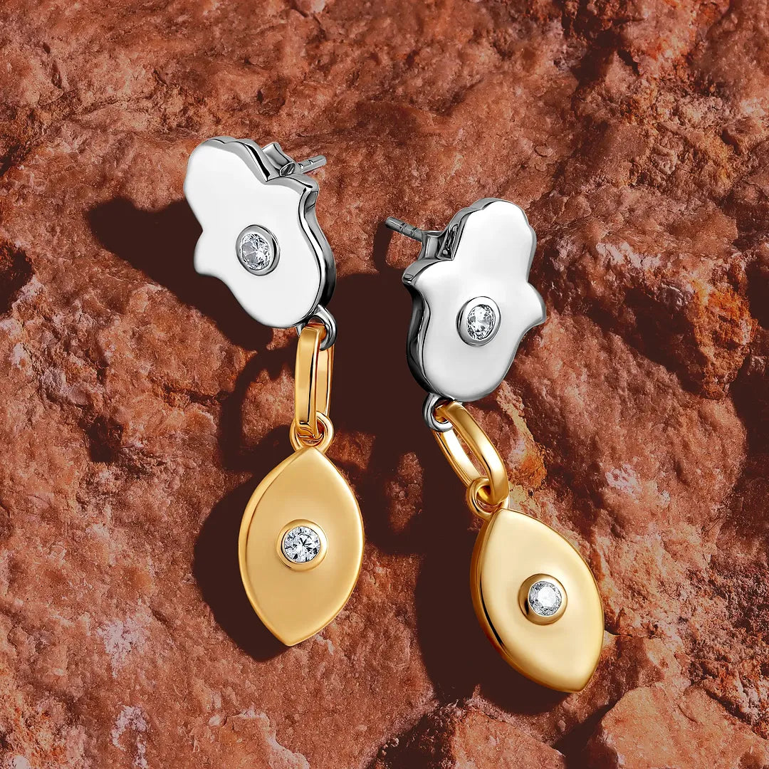 Luminous Protection Hamsa &amp; Evil Eye Gold Earrings