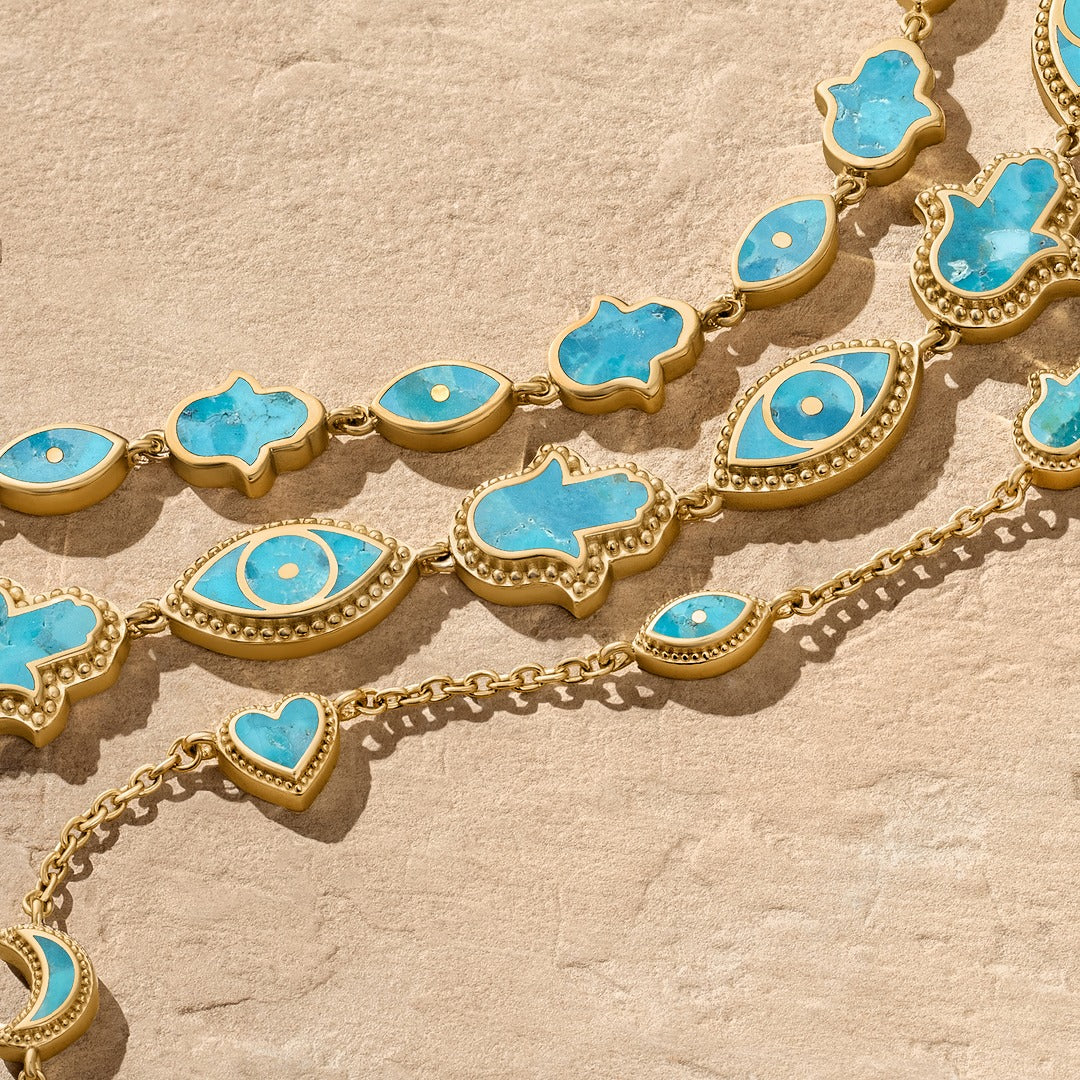 Intention Amplifier Turquoise Evil Eye &amp; Hamsa Gold Bracelet