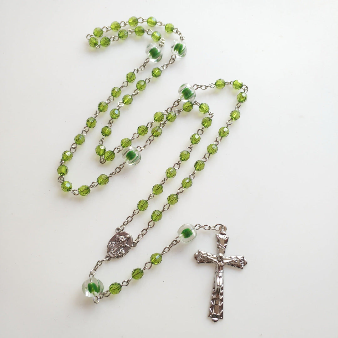 St. Benedict Medal &amp; Trinity Cross, Green Floral Ball Prayer Beads Rosary