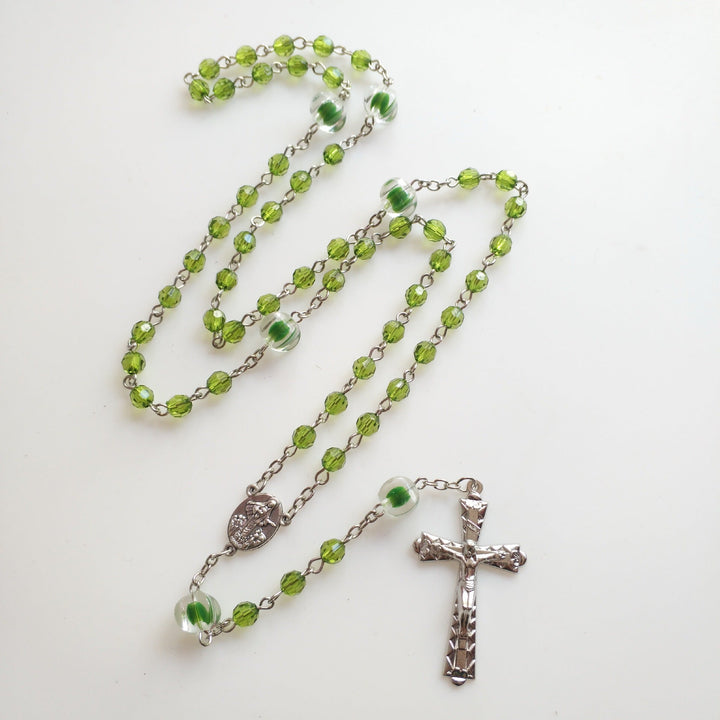 St. Benedict Medal &amp; Trinity Cross, Green Floral Ball Prayer Beads Rosary