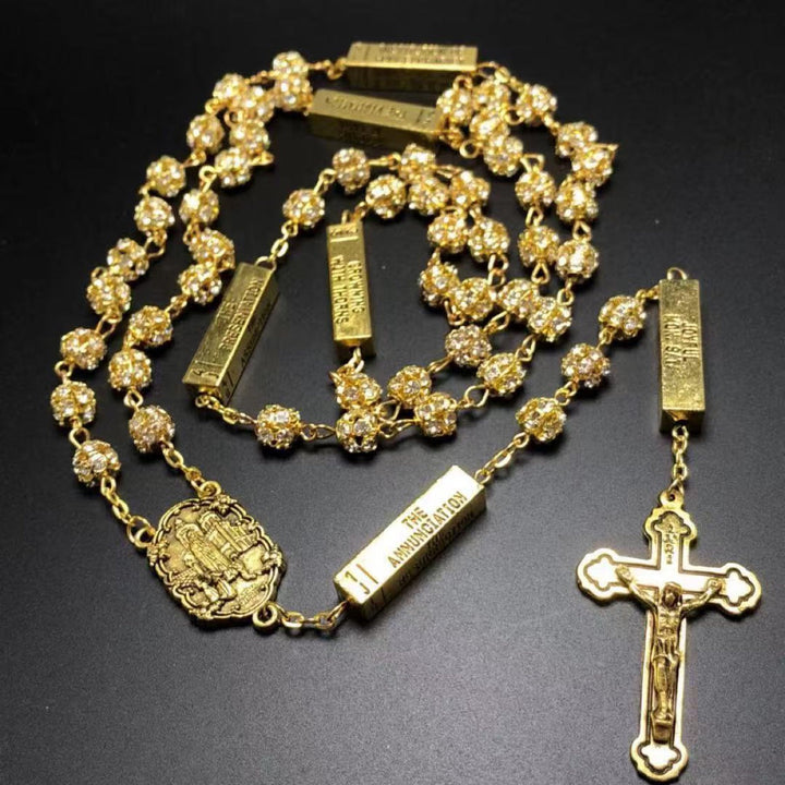 Our Lady of Fátima &amp; Crucifix, Round Golden Metal Gems Alloy Chain Rosary