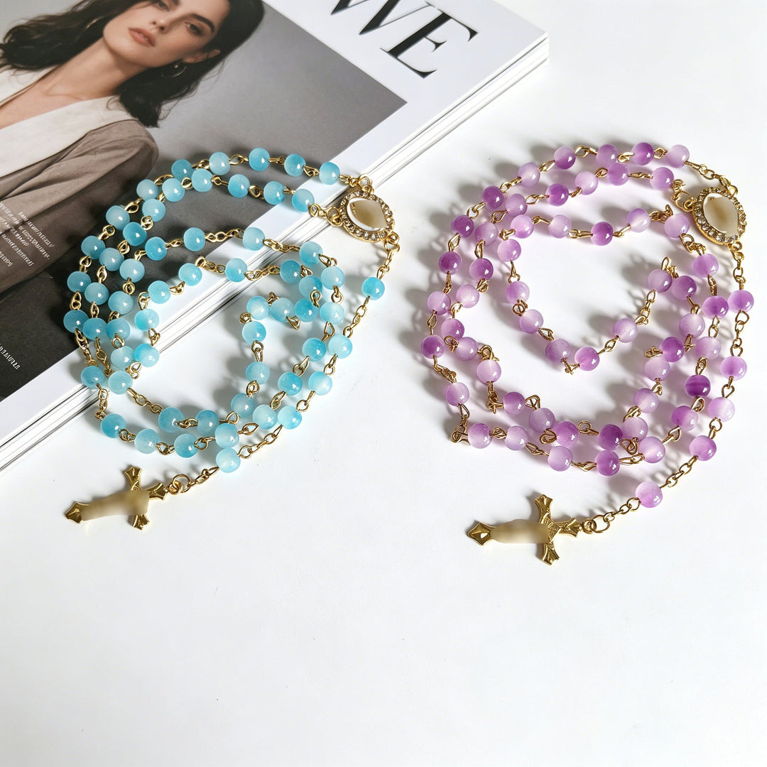 Our Lady of Guadalupe &amp; Crucifix, Blue Aquamarine Chalcedony Beads Rosary