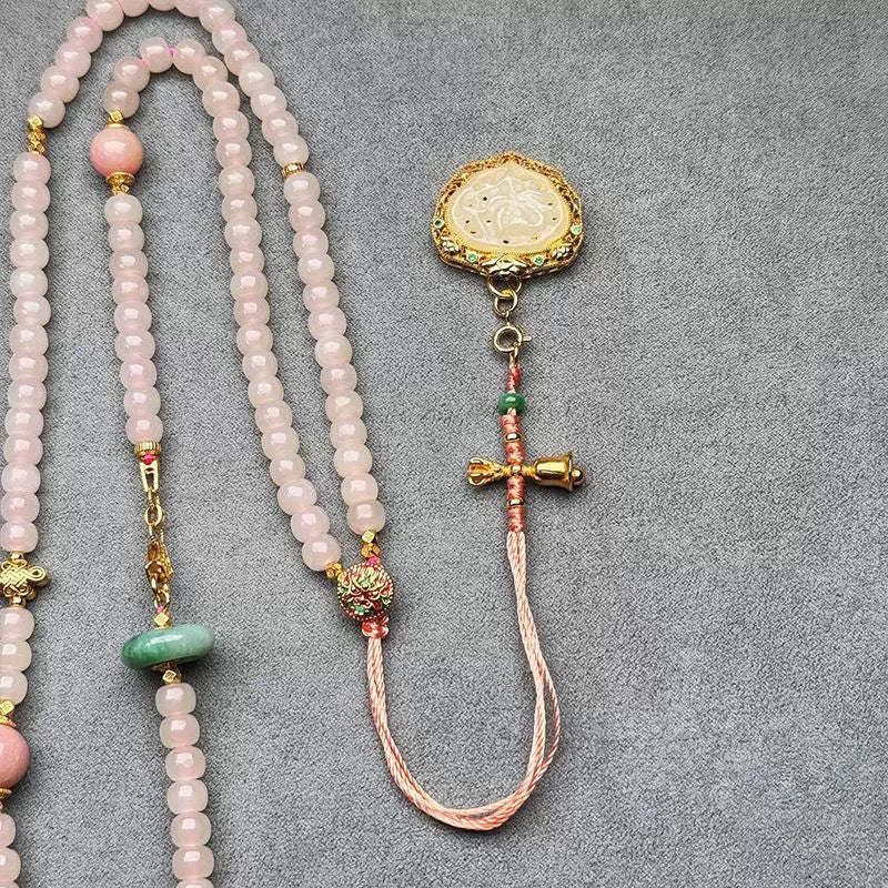 Handmade Pink Chalcedony &amp; Porcelain Golden Sand Our Father Beads Rosary