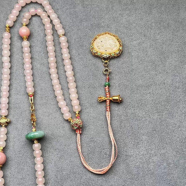 Handmade Pink Chalcedony &amp; Porcelain Golden Sand Our Father Beads Rosary