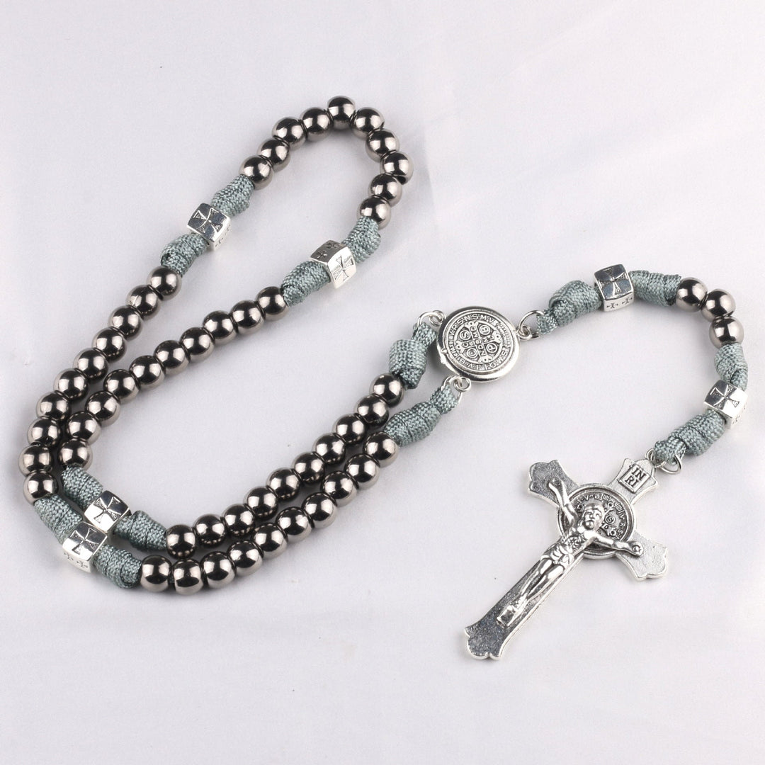 Miraculous Medal &amp; Crucifix, Round Black Gallstone Nylon Cord Rosary