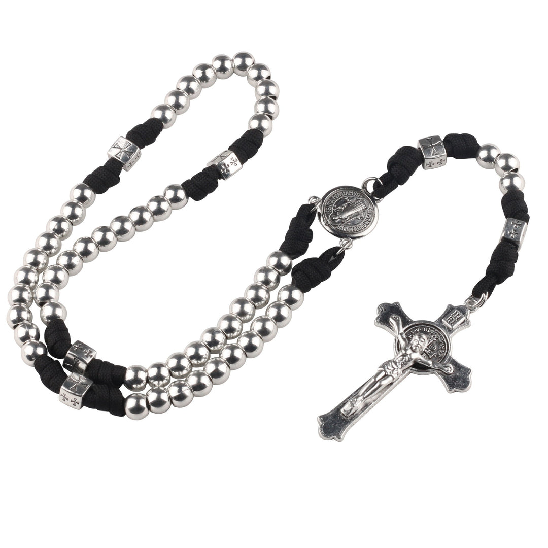 Miraculous Medal &amp; Crucifix, Round Black Gallstone Nylon Cord Rosary