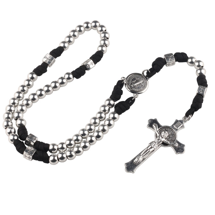 Miraculous Medal &amp; Crucifix, Round Black Gallstone Nylon Cord Rosary