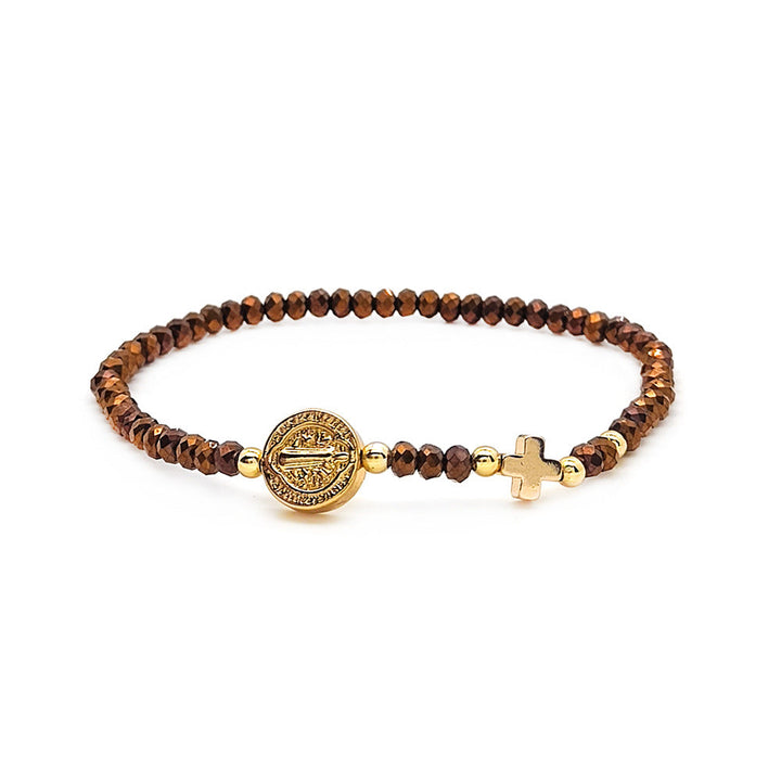 Handmade Earth Tone Rosary Bracelet with Cross &amp; St. Benedict Charm