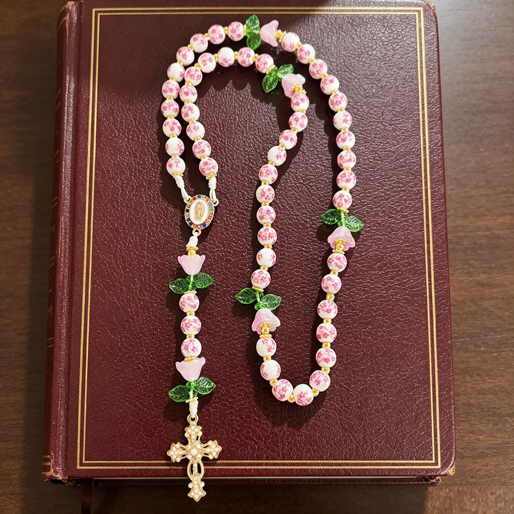 Divine Serenity Handmade Floral Rosary, Our Lady of Guadalupe &amp; Crucifix, Ceramic &amp; Jade
