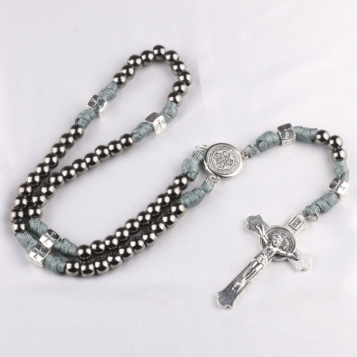 Miraculous Medal &amp; Crucifix, Round Black Gallstone Nylon Cord Rosary
