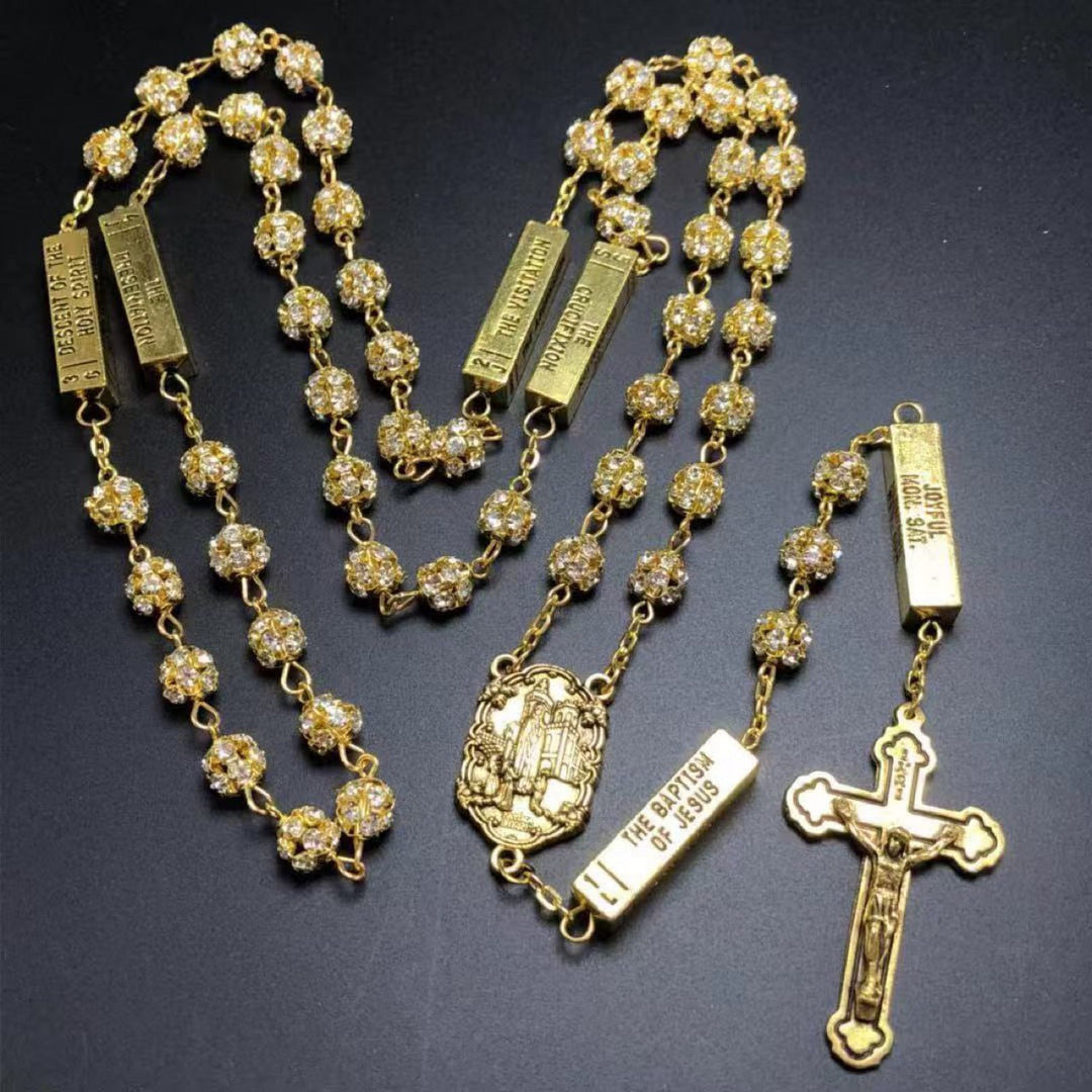 Our Lady of Fátima &amp; Crucifix, Round Golden Metal Gems Alloy Chain Rosary