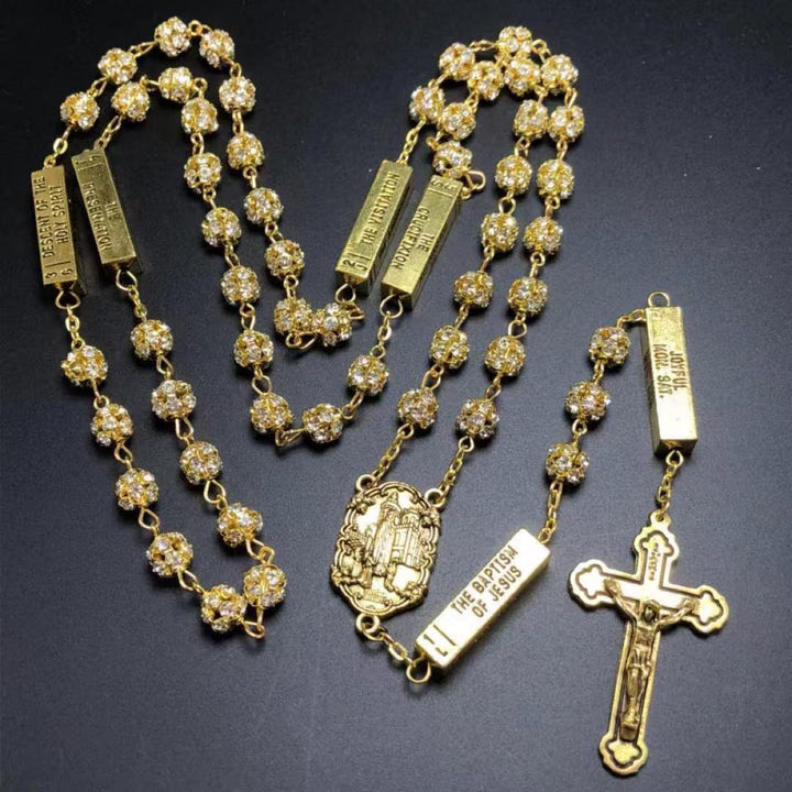 Our Lady of Fátima &amp; Crucifix, Round Golden Metal Gems Alloy Chain Rosary
