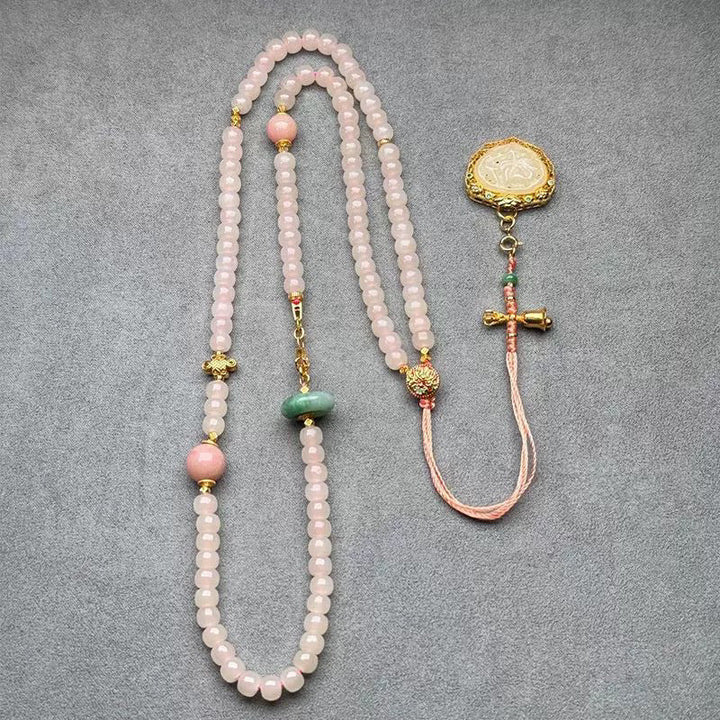 Handmade Pink Chalcedony &amp; Porcelain Golden Sand Our Father Beads Rosary