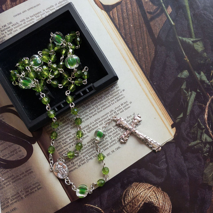 St. Benedict Medal &amp; Trinity Cross, Green Floral Ball Prayer Beads Rosary