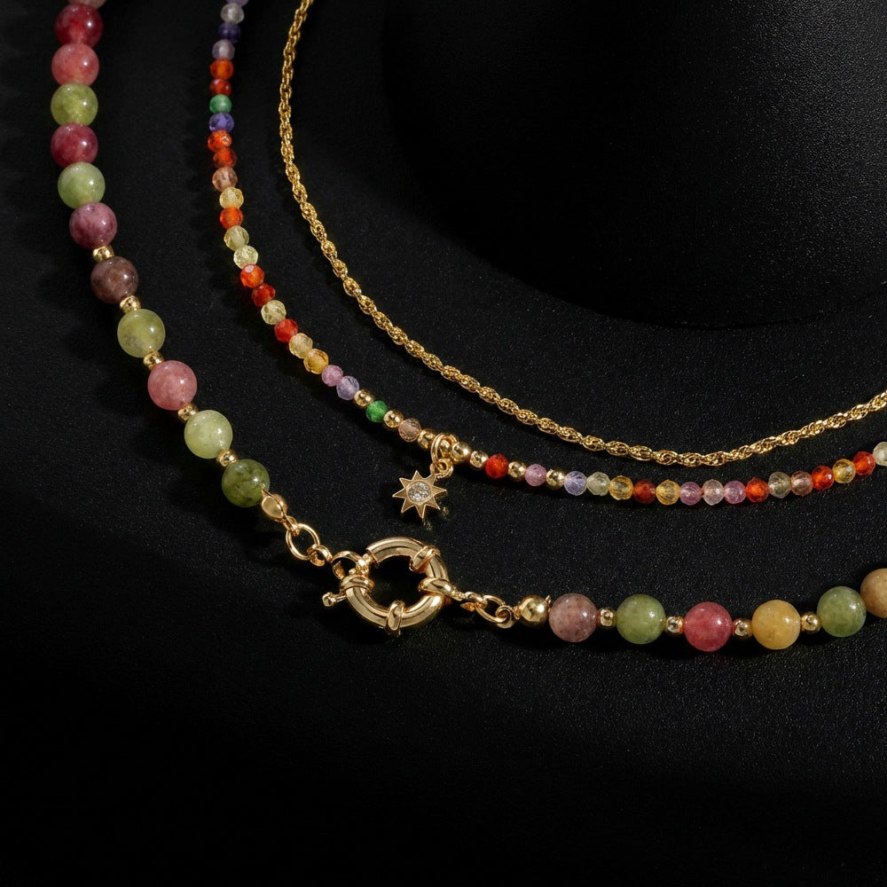 Colorful Tourmaline Beads Rosary with Square Divine Mercy &amp; Golden Crucifix