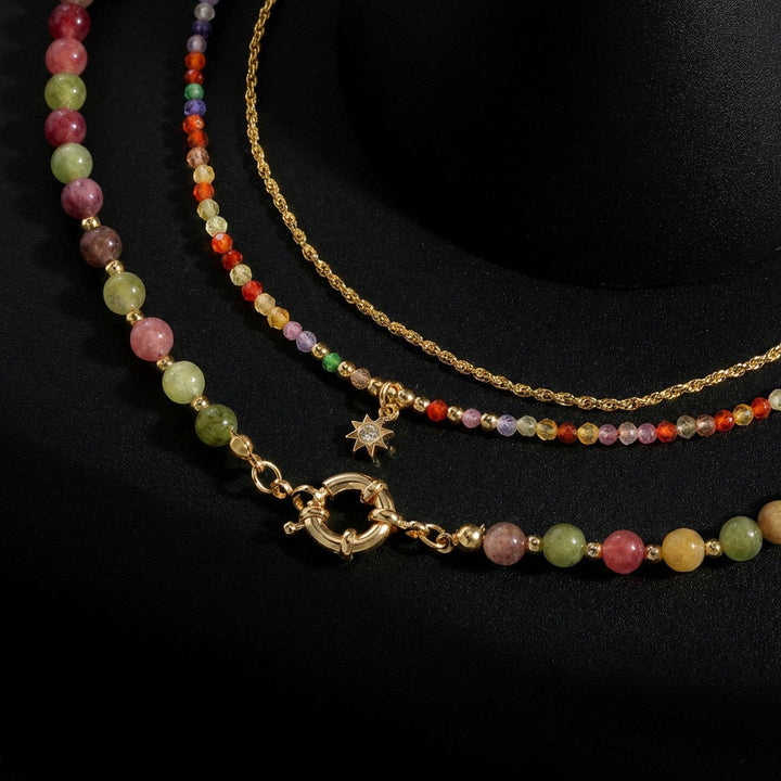 Colorful Tourmaline Beads Rosary with Square Divine Mercy &amp; Golden Crucifix