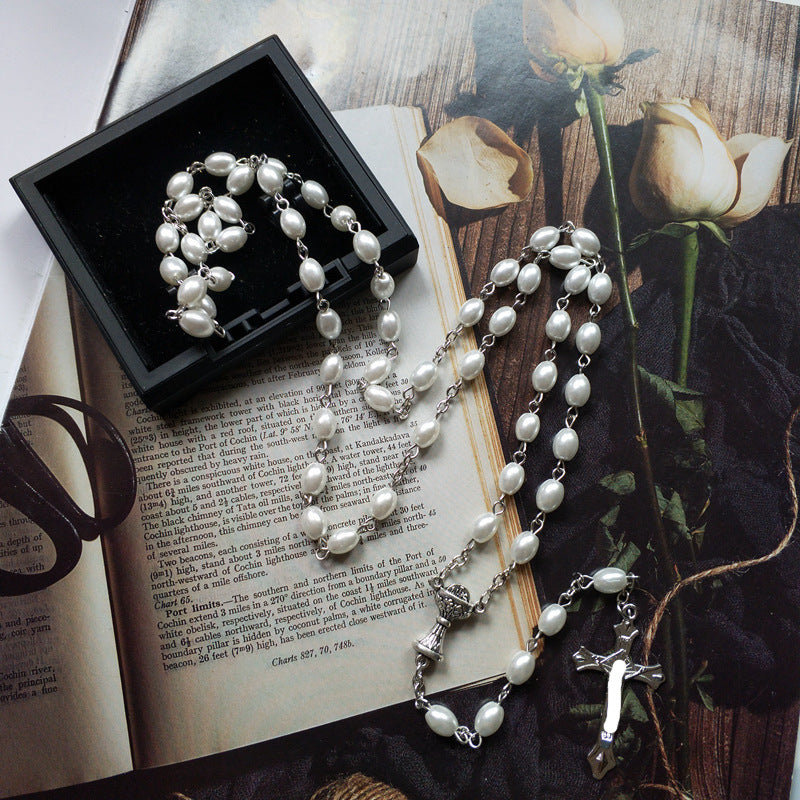 Holy Grail &amp; Crucifix, Oval White Pearl Alloy Chain Rosary