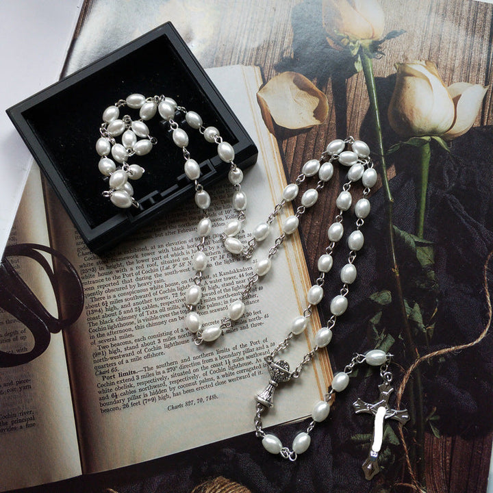 Holy Grail &amp; Crucifix, Oval White Pearl Alloy Chain Rosary
