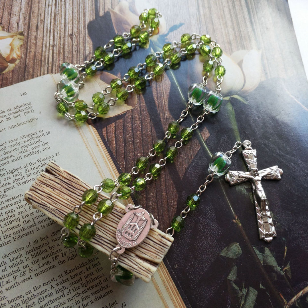 St. Benedict Medal &amp; Trinity Cross, Green Floral Ball Prayer Beads Rosary