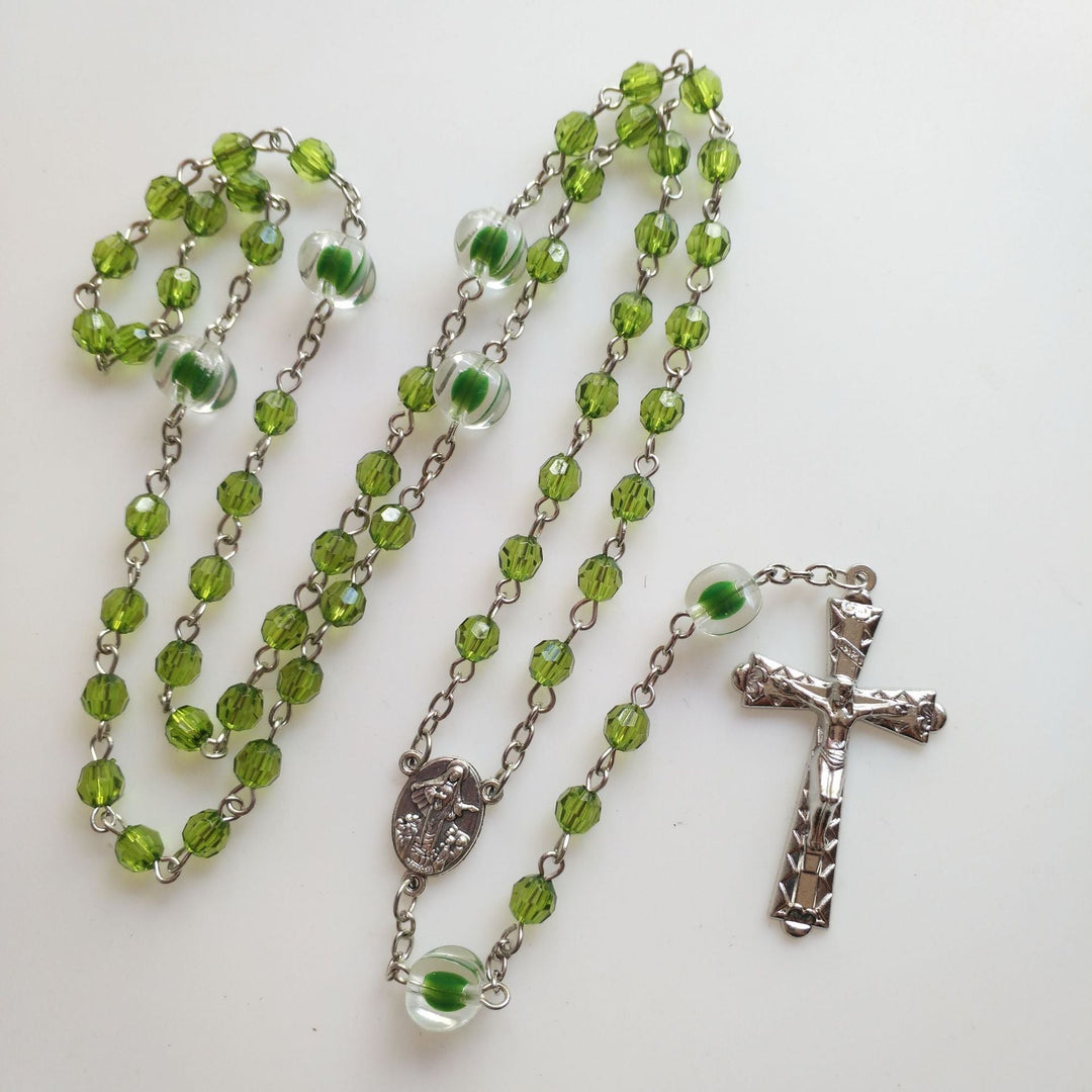 St. Benedict Medal &amp; Trinity Cross, Green Floral Ball Prayer Beads Rosary