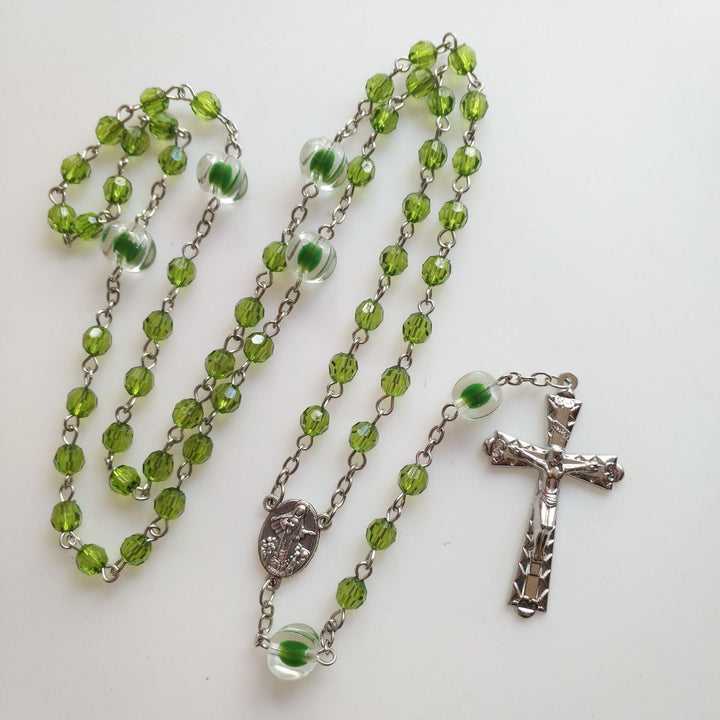 St. Benedict Medal &amp; Trinity Cross, Green Floral Ball Prayer Beads Rosary