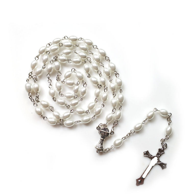 Holy Grail &amp; Crucifix, Oval White Pearl Alloy Chain Rosary