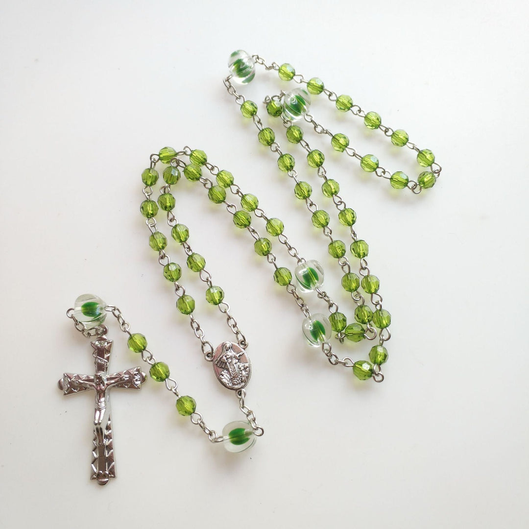 St. Benedict Medal &amp; Trinity Cross, Green Floral Ball Prayer Beads Rosary