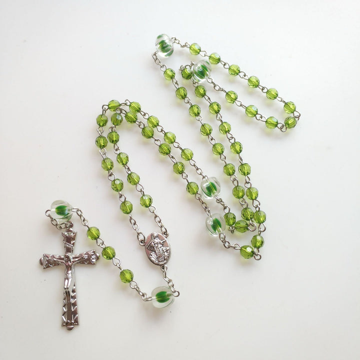 St. Benedict Medal &amp; Trinity Cross, Green Floral Ball Prayer Beads Rosary