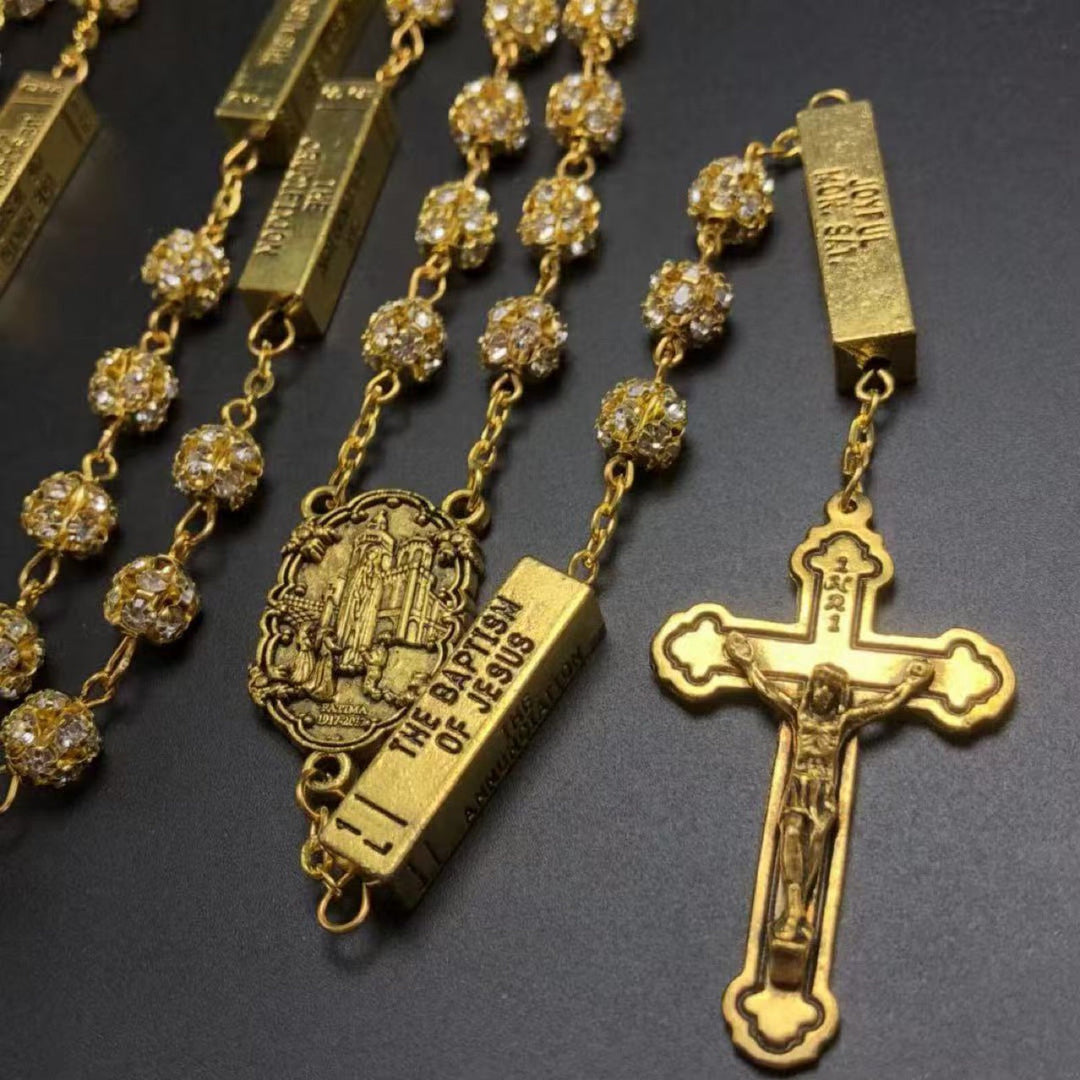 Our Lady of Fátima &amp; Crucifix, Round Golden Metal Gems Alloy Chain Rosary
