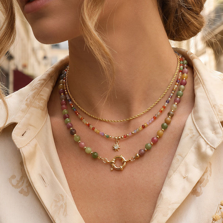Colorful Tourmaline Beads Rosary with Square Divine Mercy &amp; Golden Crucifix