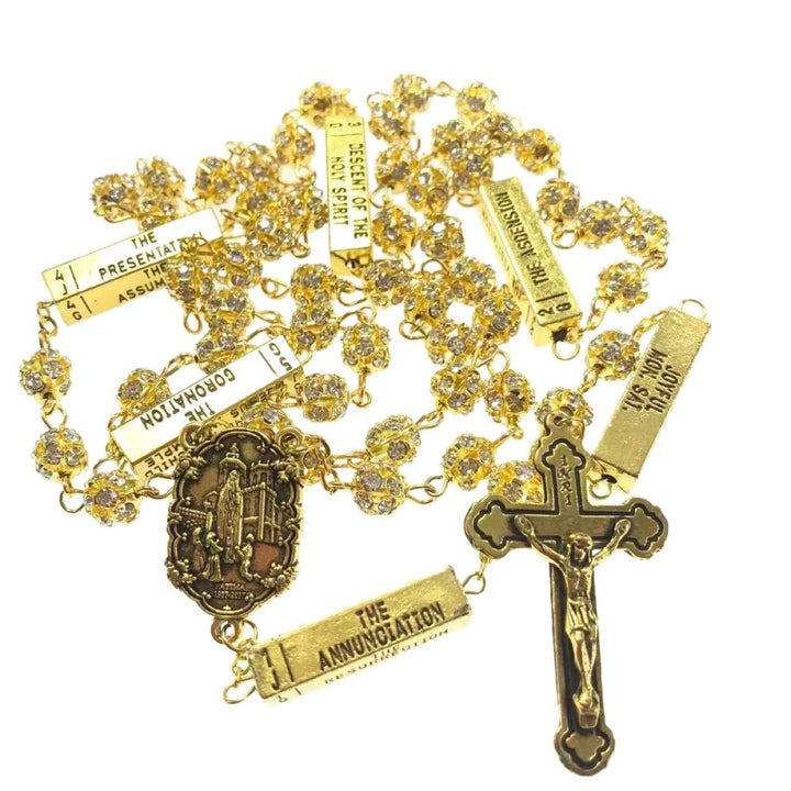 Our Lady of Fátima &amp; Crucifix, Round Golden Metal Gems Alloy Chain Rosary